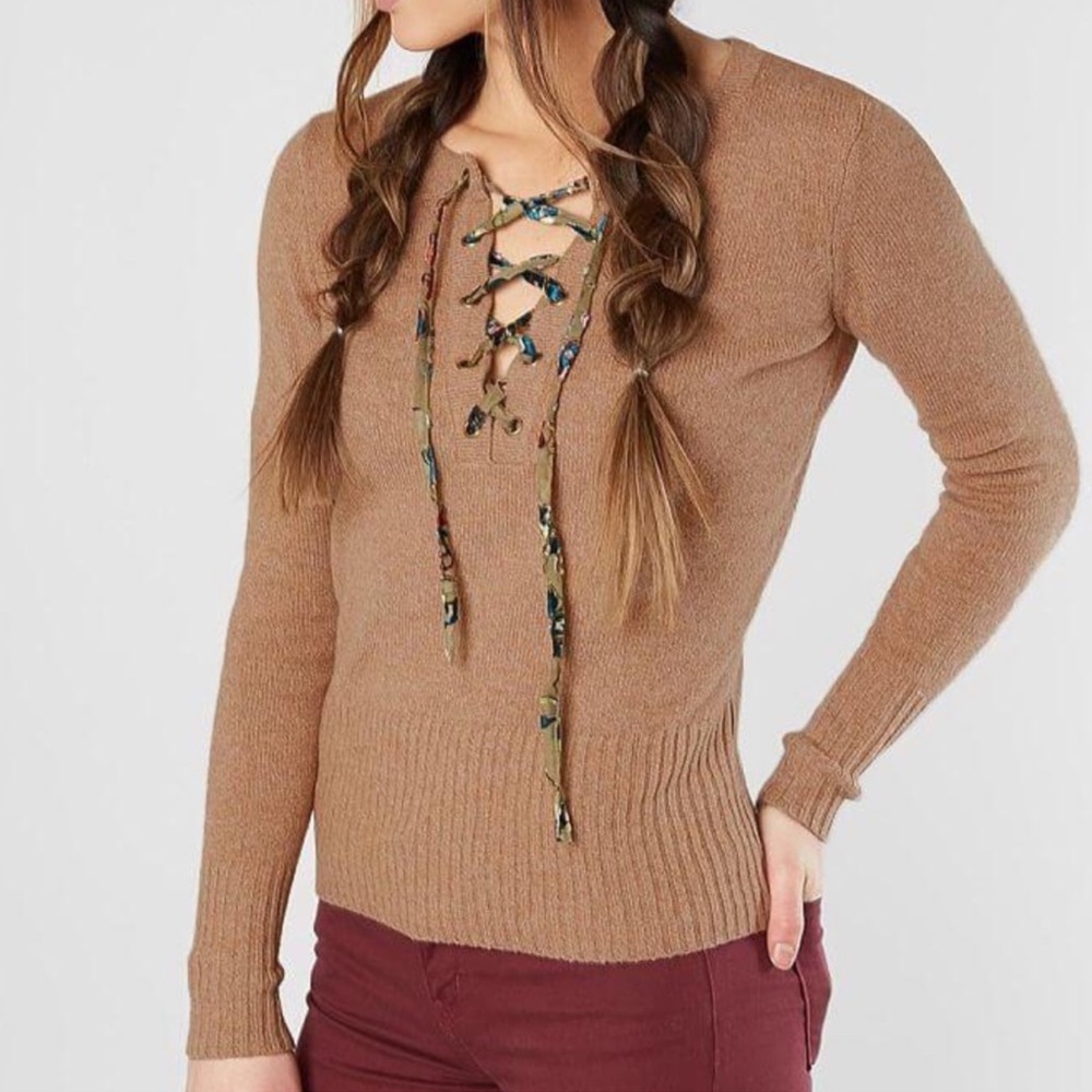 BDG BUCKLE Gimmicks Lace-Up Sweater Fitted Tan Size Large